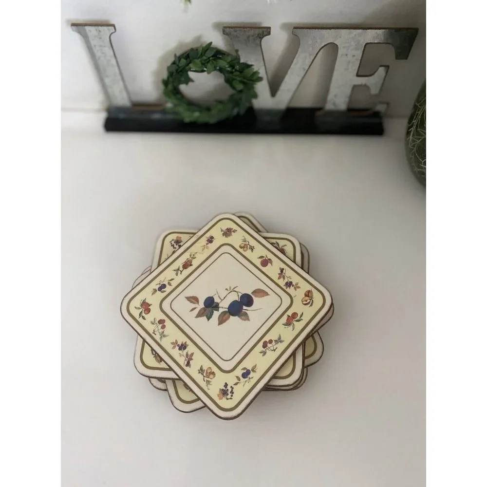 Vintage Royal Worcester Evesham Cork Backed Coasters Set Of 6 In Box 4.25